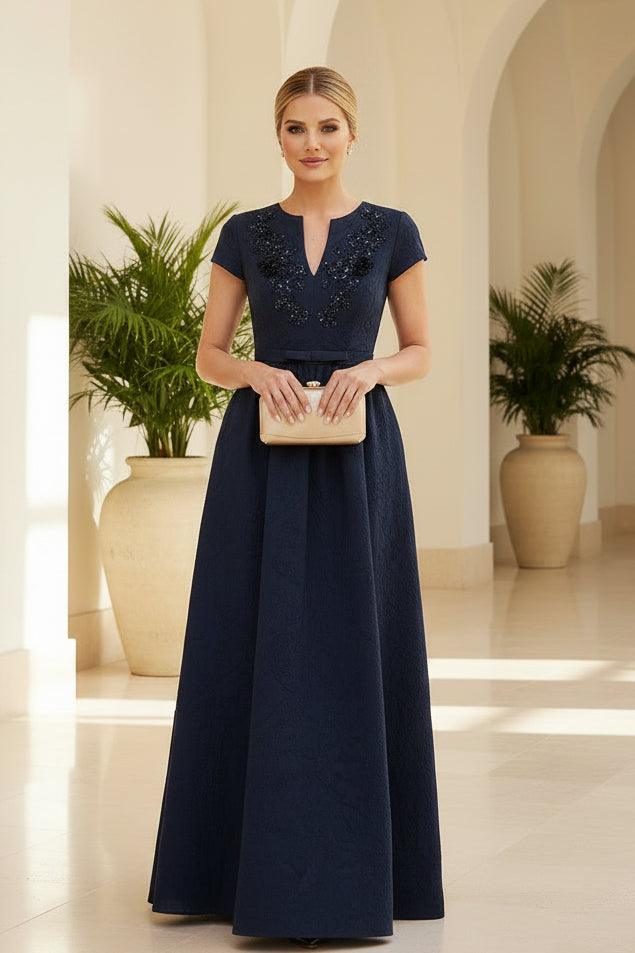 Jacquard A-Line Gown with Sequin Bodice & Pockets