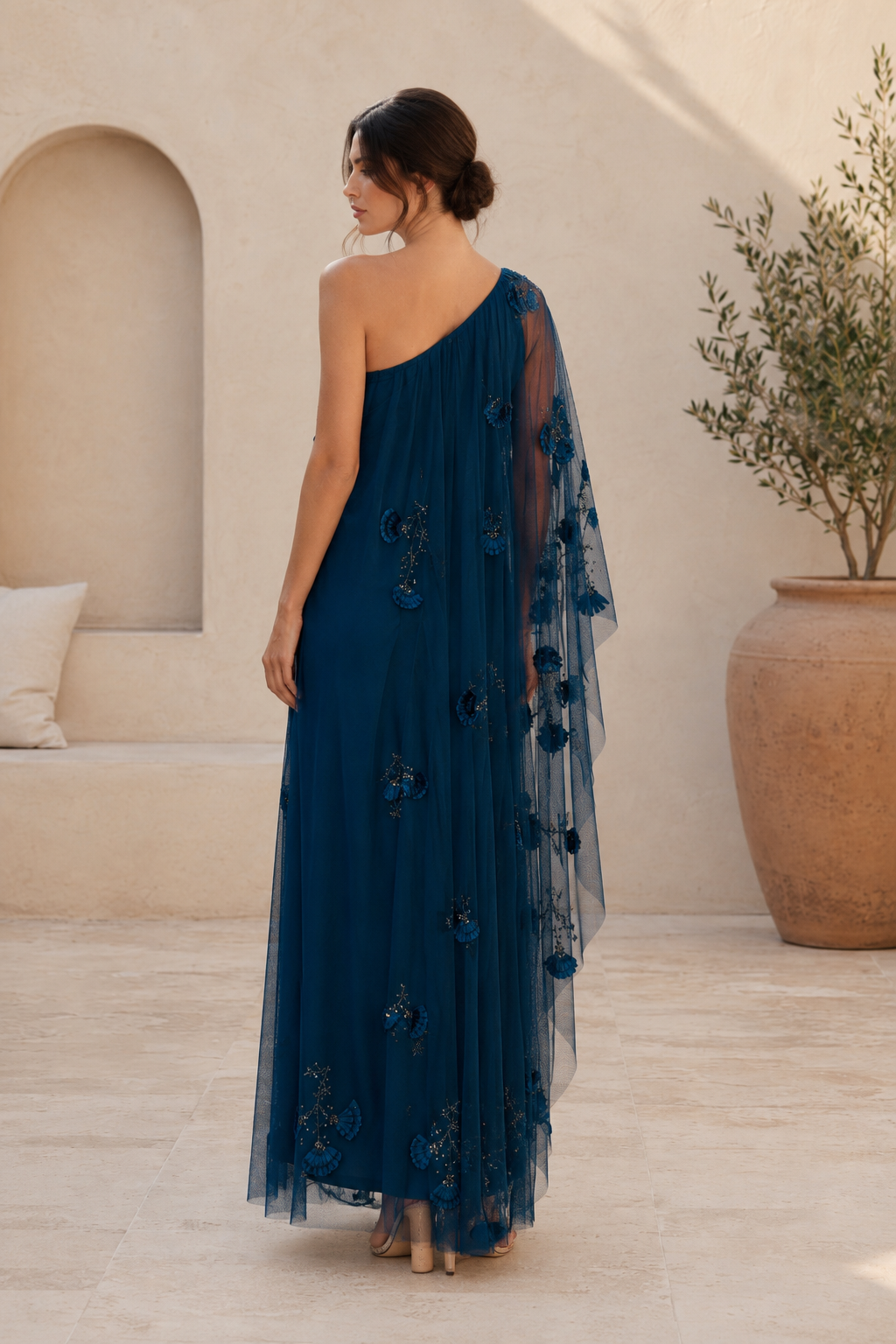 One Shoulder Cape Sleeve Floral Applique Maxi Dress