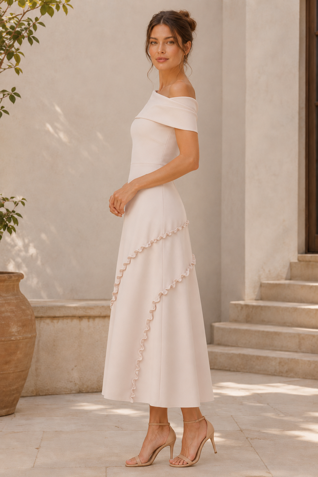 Asymmetrical Folded Neckline Midi Dress with Ruffle Seams