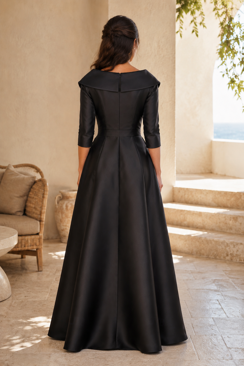 A-Line Satin Evening Gown with Portrait Collar & High Slit