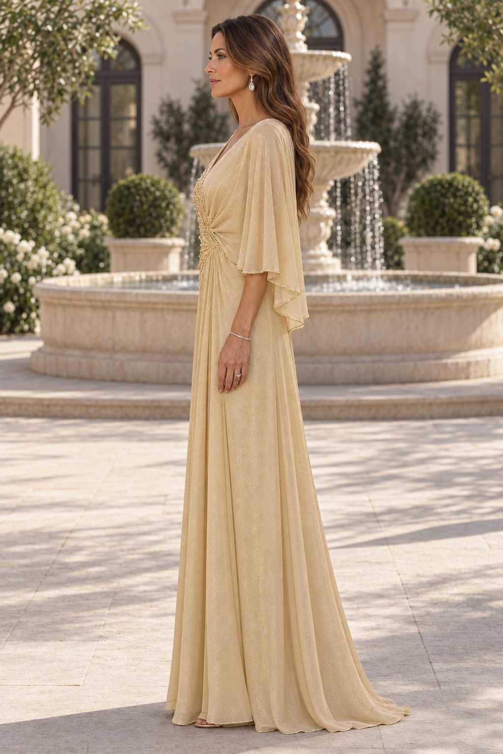Beaded Capelet A-Line Floor-Length Evening Gown