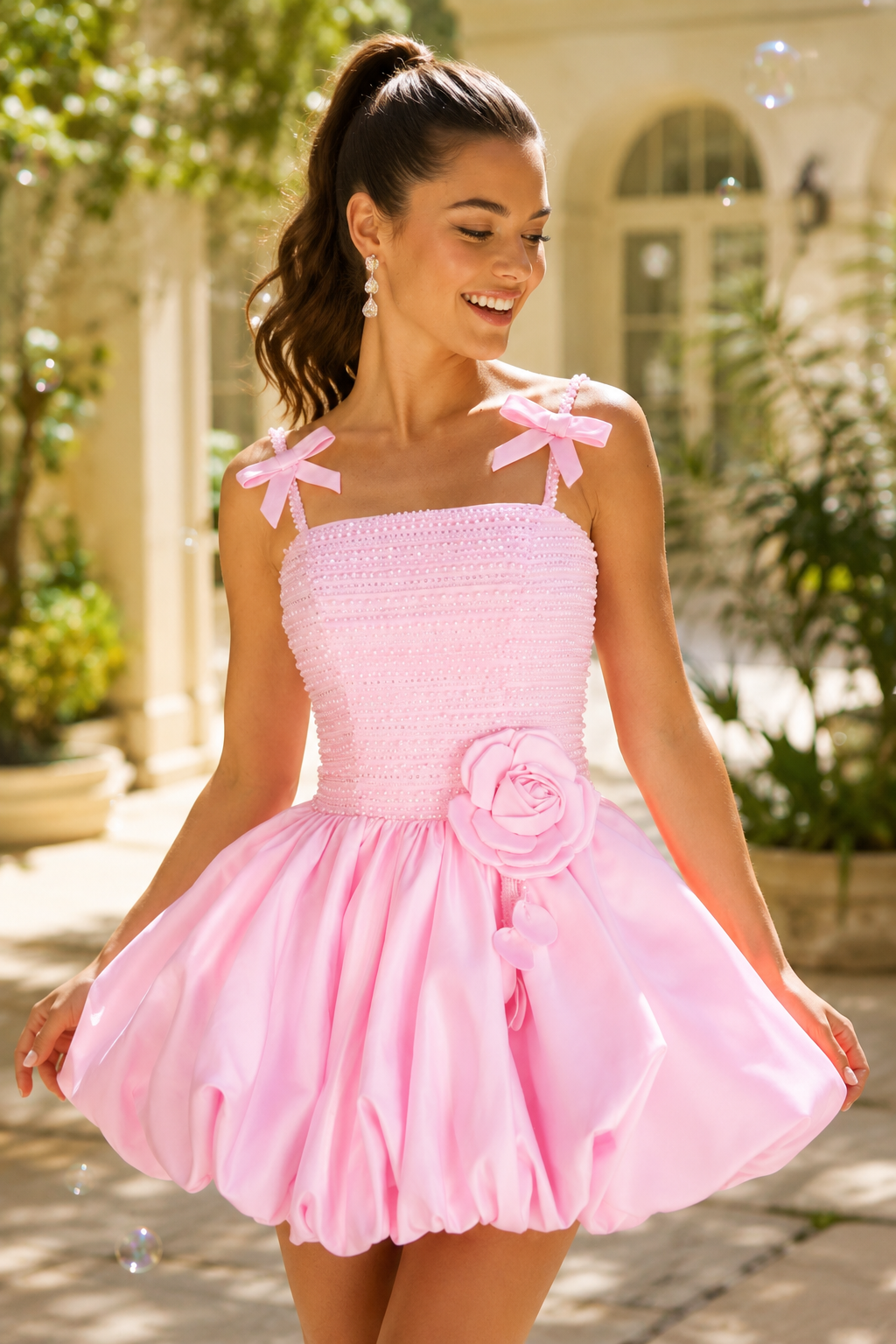 Beaded Bodice Bubble Skirt Mini Dress with Bows