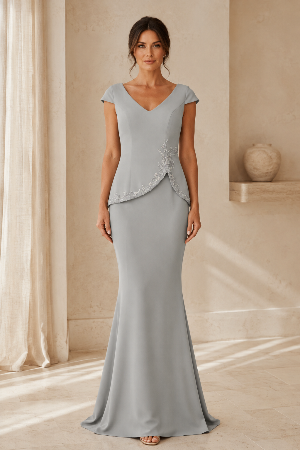 Cap Sleeve Mermaid Evening Gown with Wrap Bodice