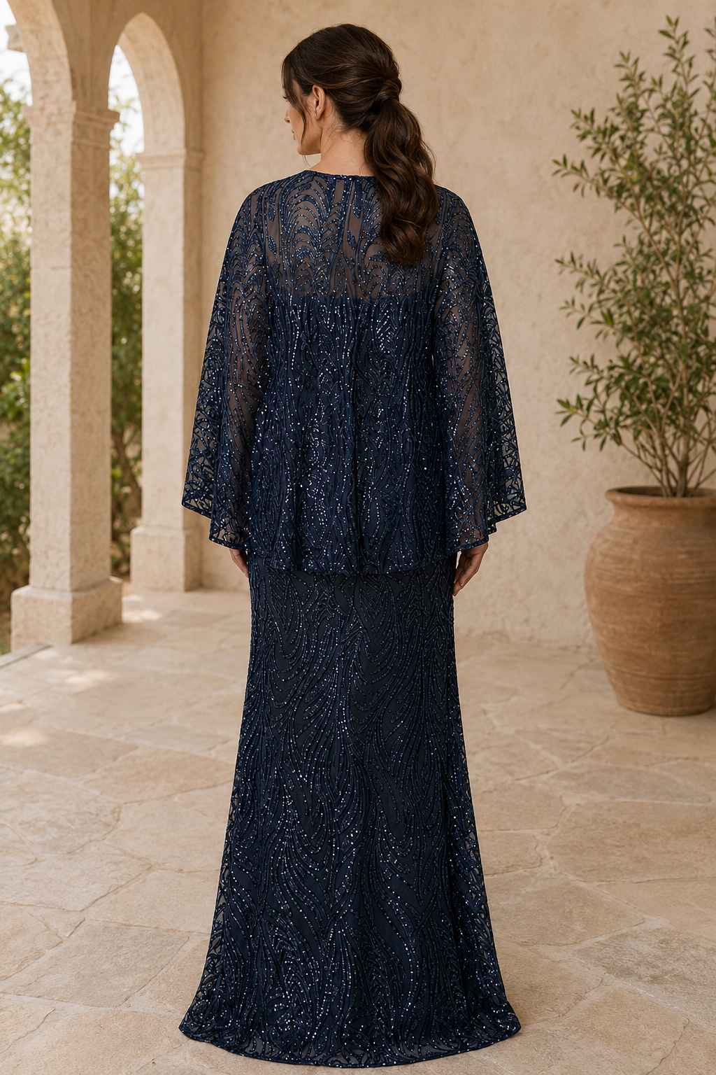 Sequin Cape Overlay Floor-Length Evening Gown