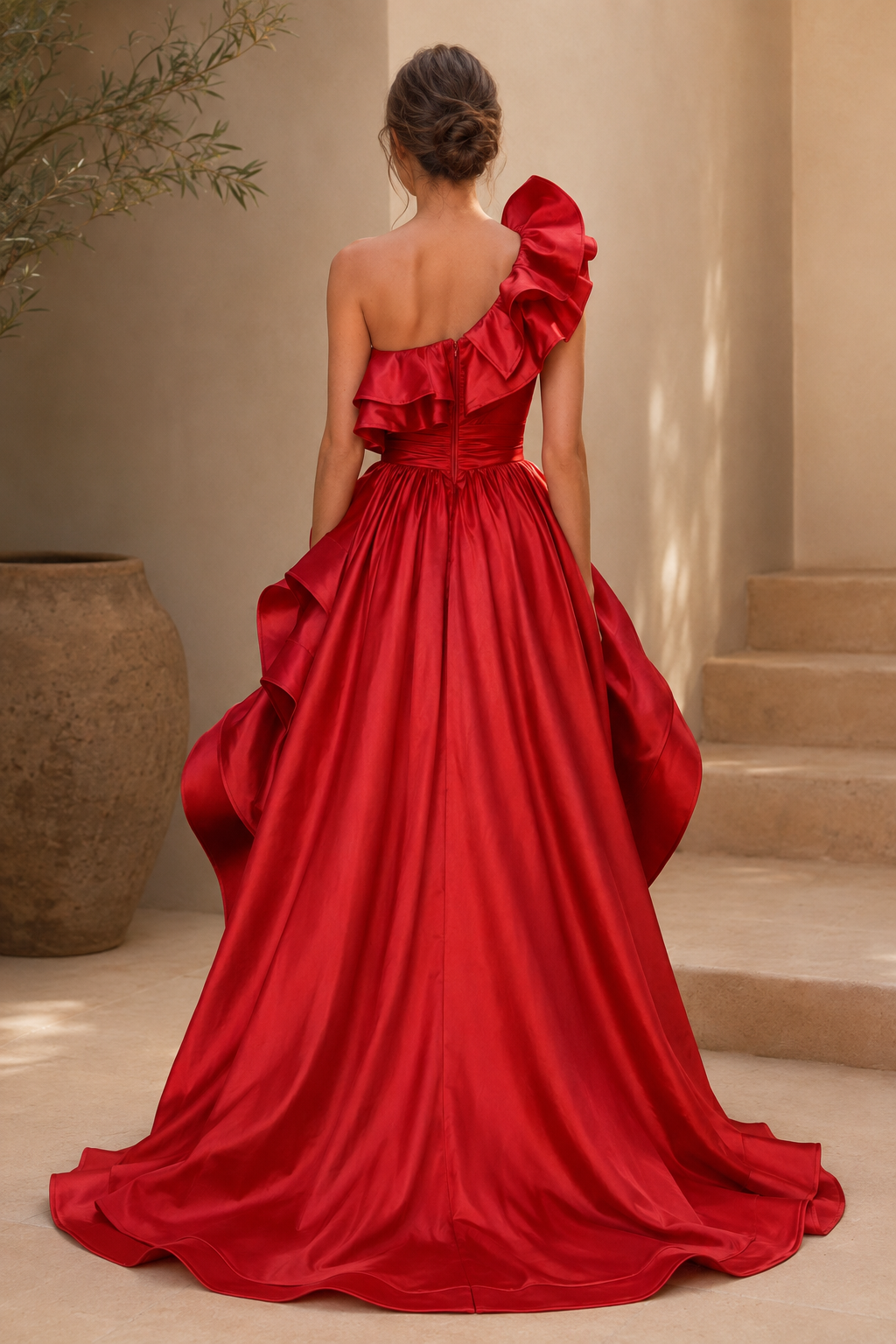 One-Shoulder Ruffled High-Slit Ball Gown