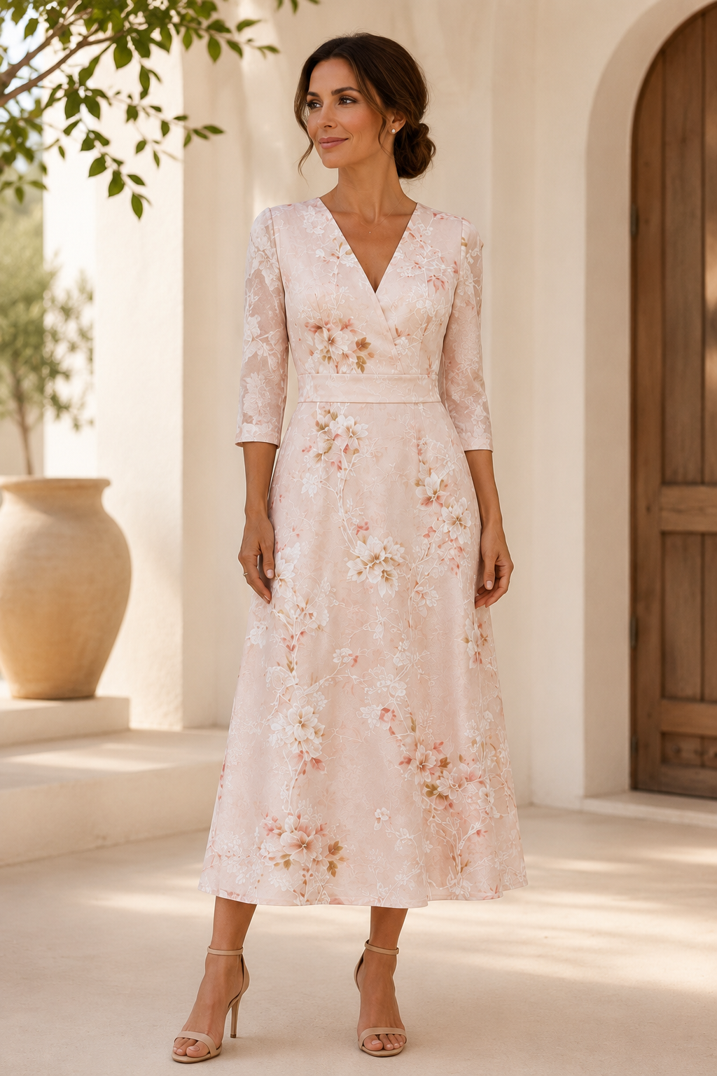 A-Line Floral Print V-Neck Midi Dress with 3/4 Sleeves