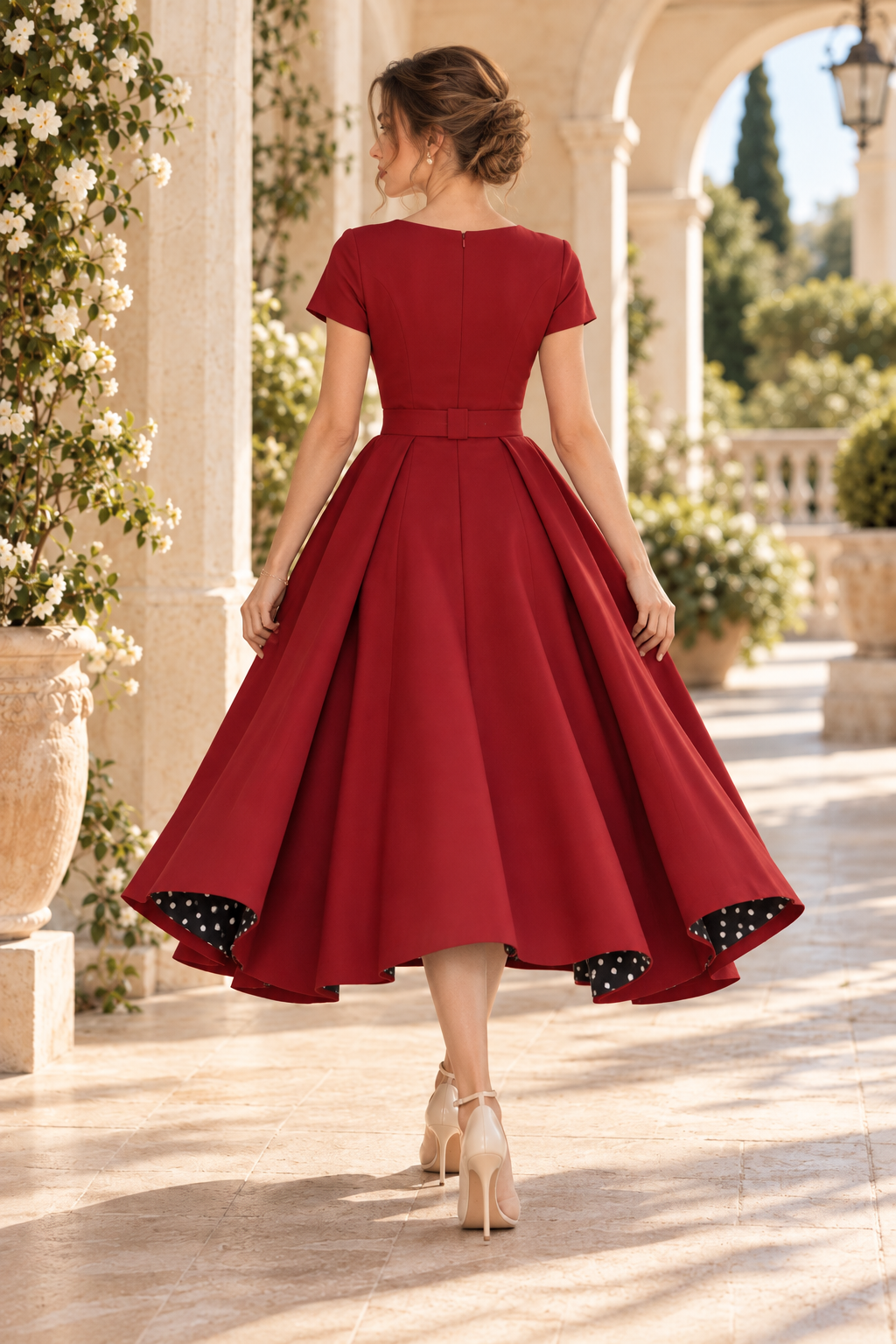 Belted Midi Dress with Polka Dot Lined Overskirt
