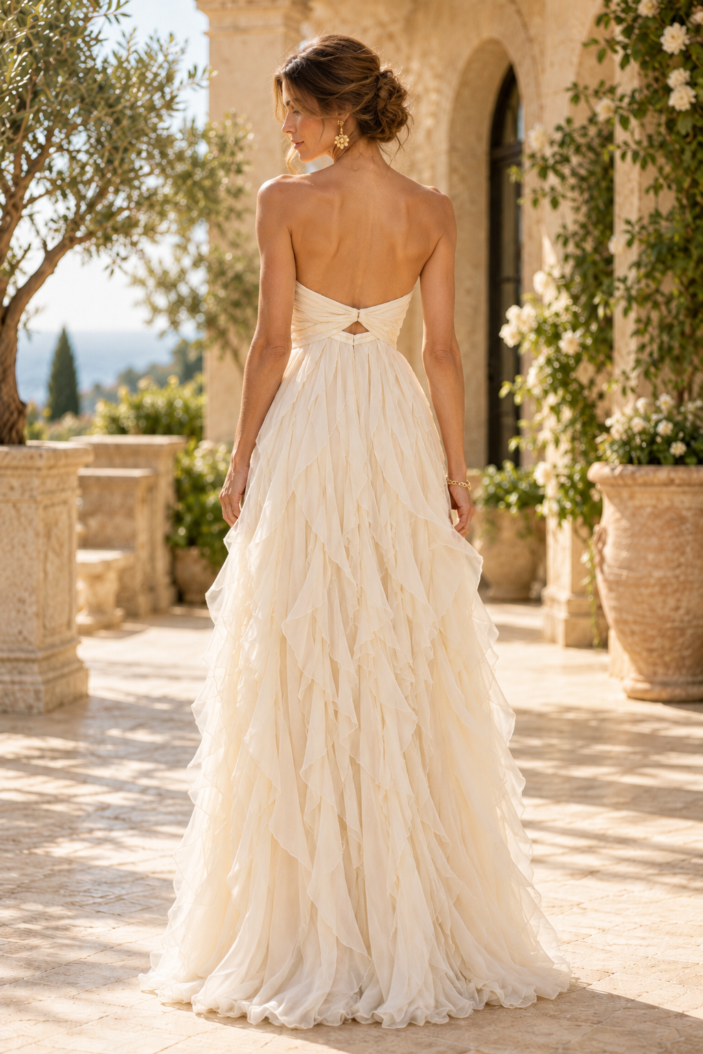 Strapless Tiered Ruffle Cutout Maxi Gown
