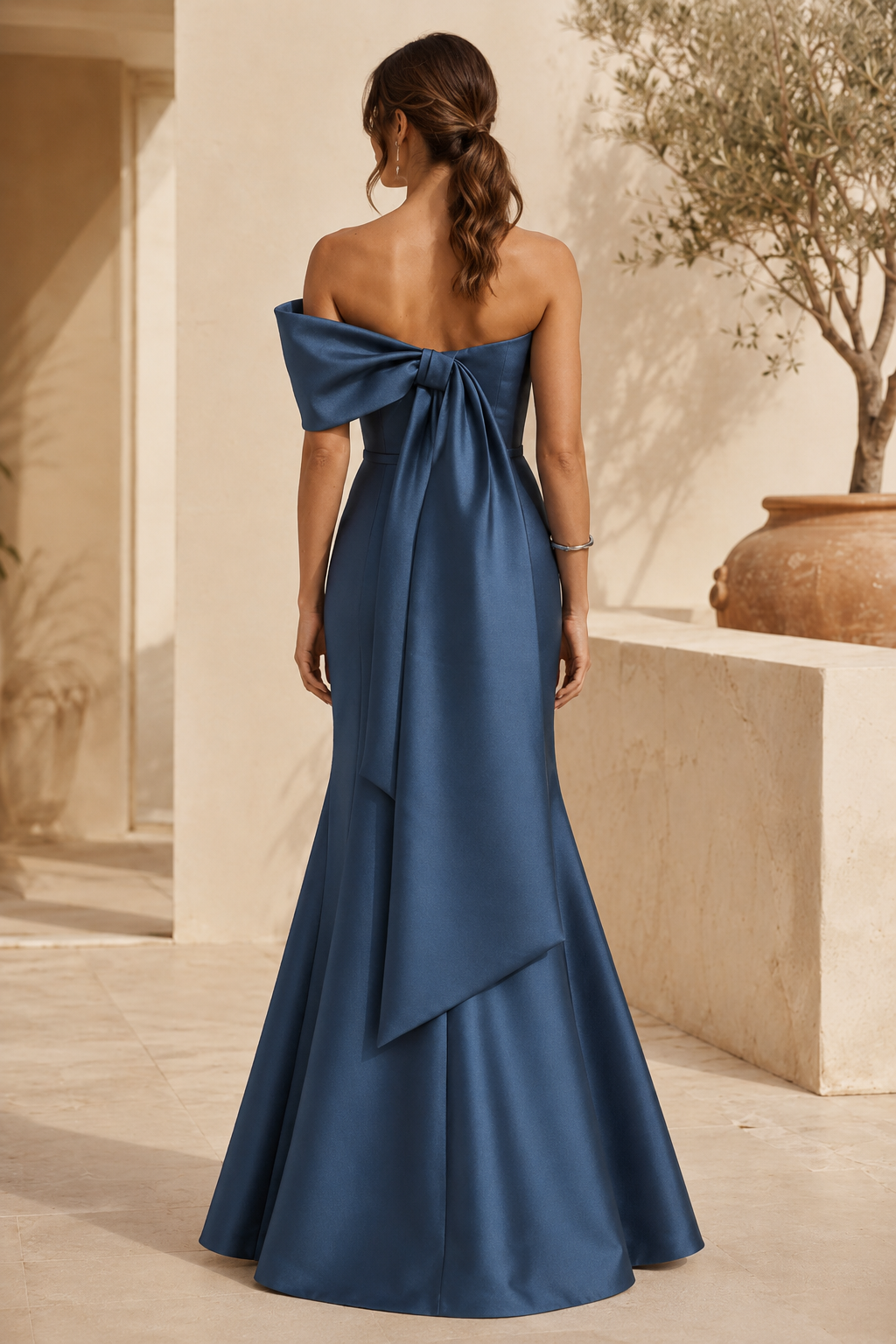 Strapless Satin Mermaid Gown with Bow Back Detail