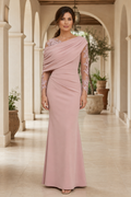 Draped One-Shoulder Gown with Illusion Floral Sleeves