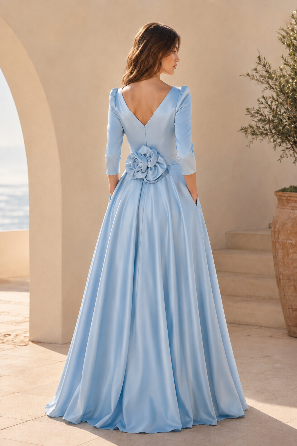 High-Low Satin A-Line Gown with 3/4 Sleeves