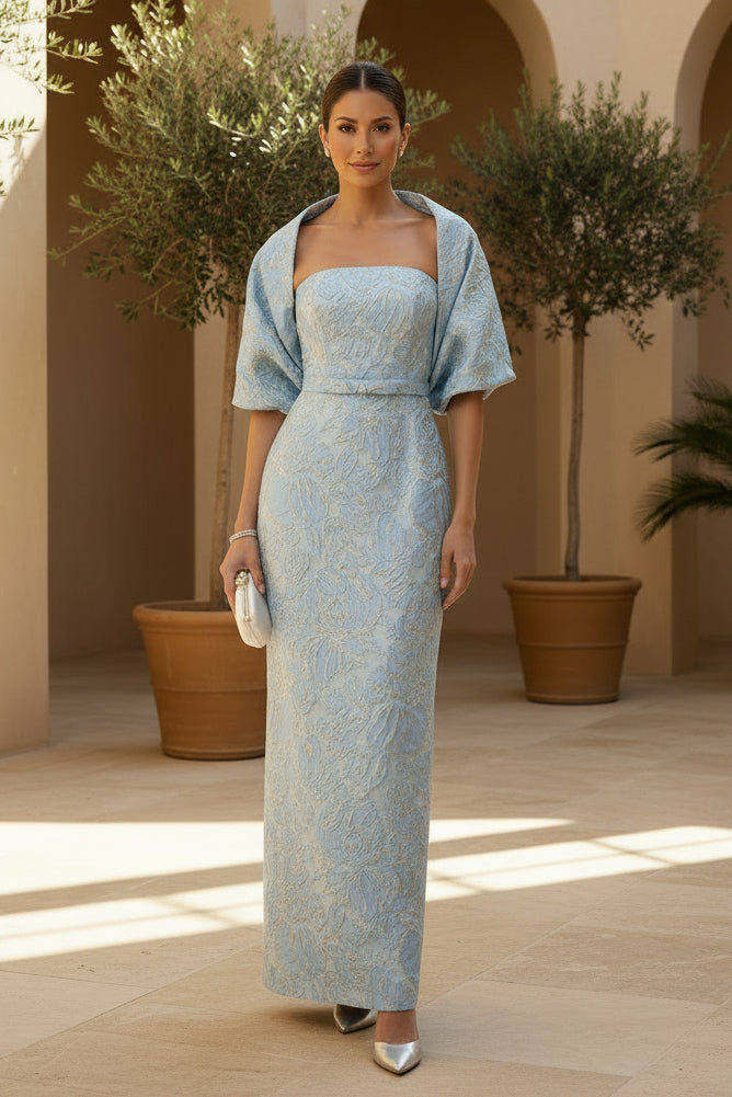 Jacquard Strapless Column Gown with Shawl