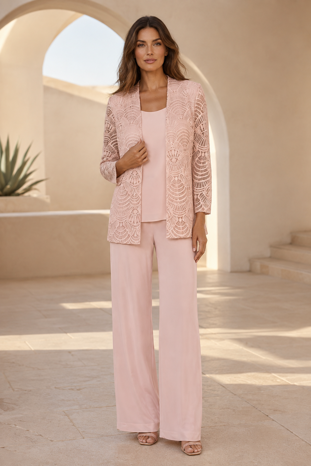 Scalloped Lace Jacket Wide-Leg Pantsuit