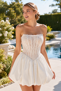 Strapless Pearl Corset Bubble Skirt Mini Dress