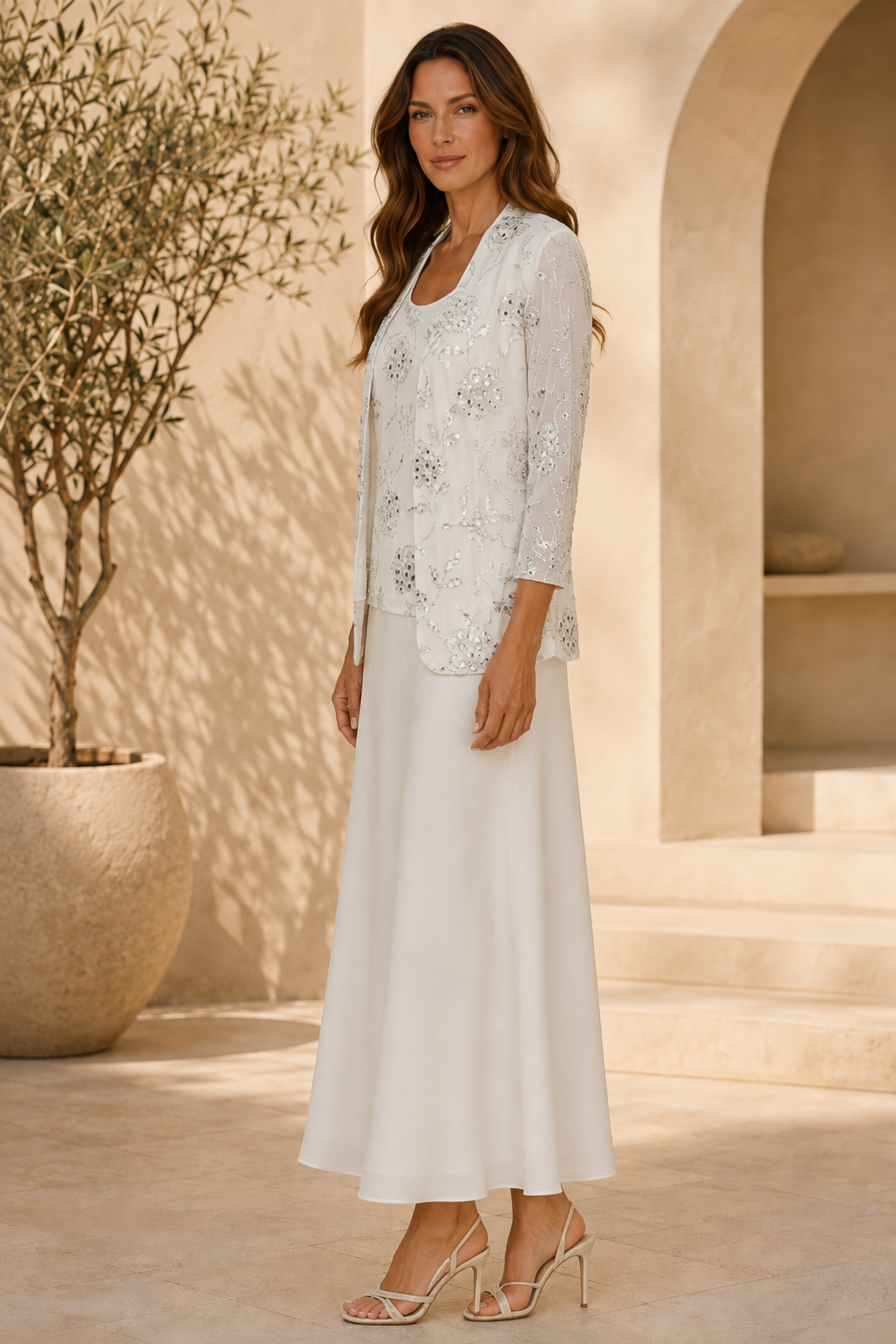 Sequin Floral Jacket and Ankle-Length Dress Set