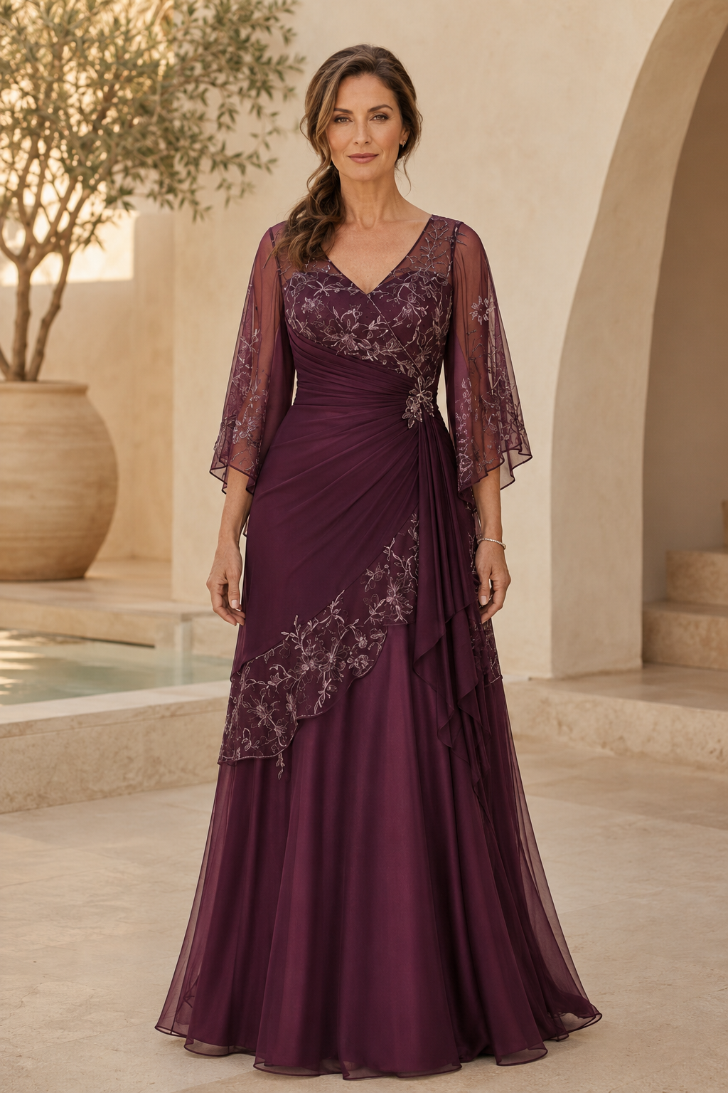 Embroidered Ruched A-Line Gown with Bell Sleeves