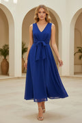 Pleated V-Neck A-Line Chiffon Midi Dress