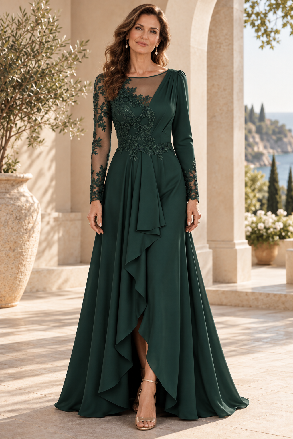 Asymmetrical Illusion Lace Long Sleeve High-Low Gown