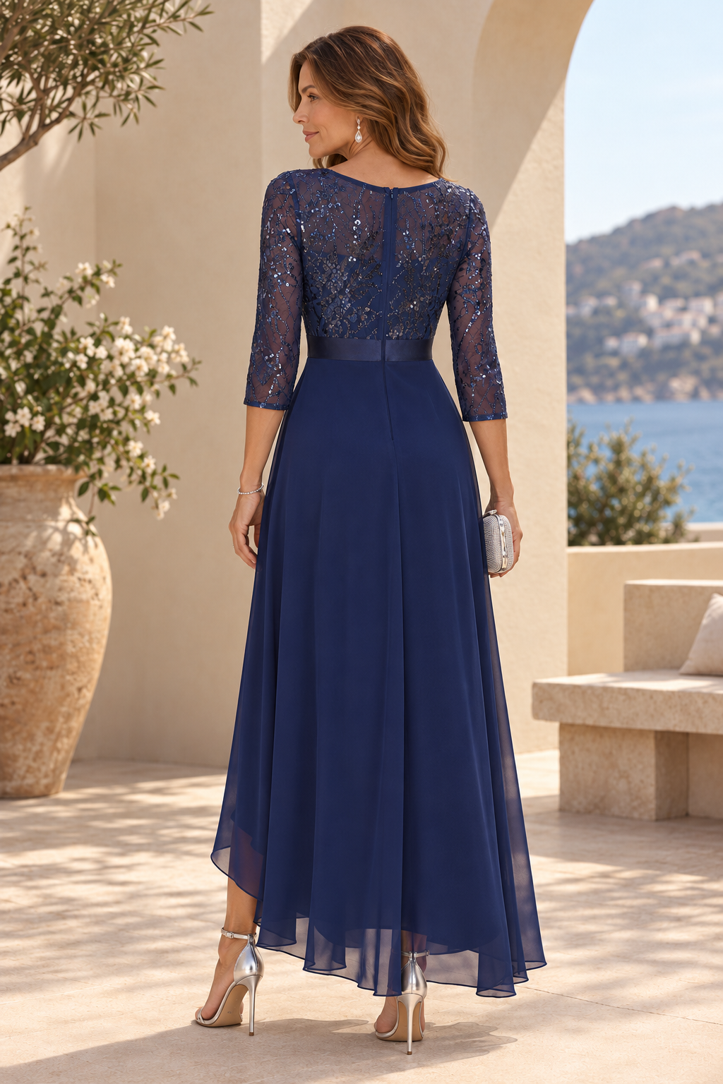 High-Low Chiffon Dress with Sequin Bodice