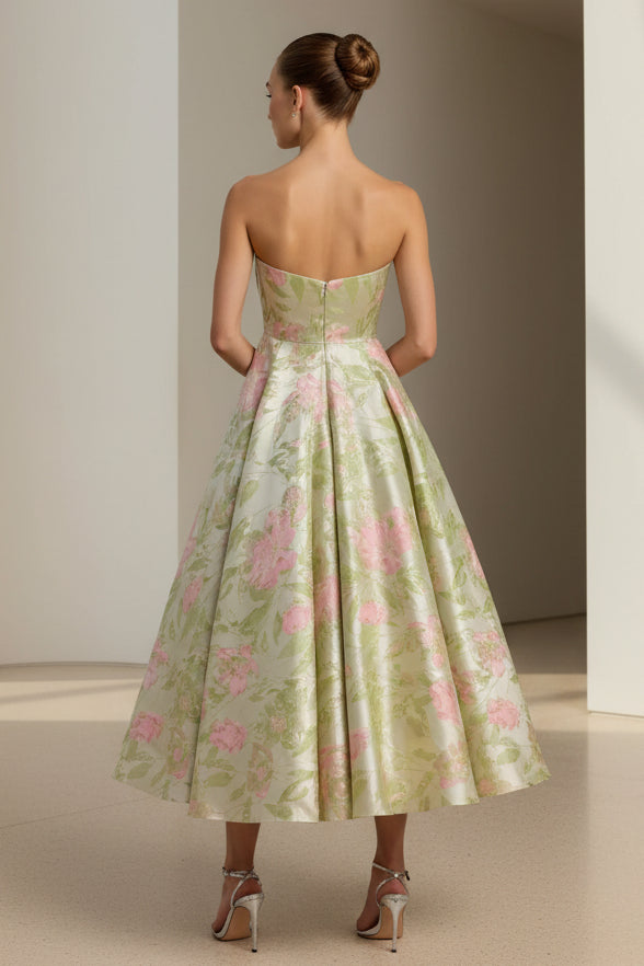 Strapless Floral Jacquard Tea-Length A-Line Dress
