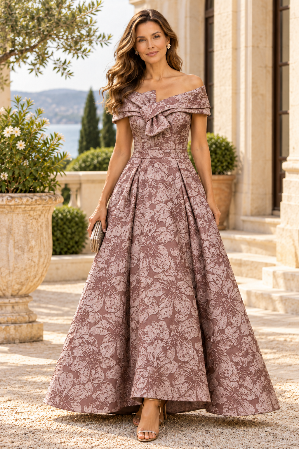 Off-the-Shoulder Jacquard Ball Gown with Bow