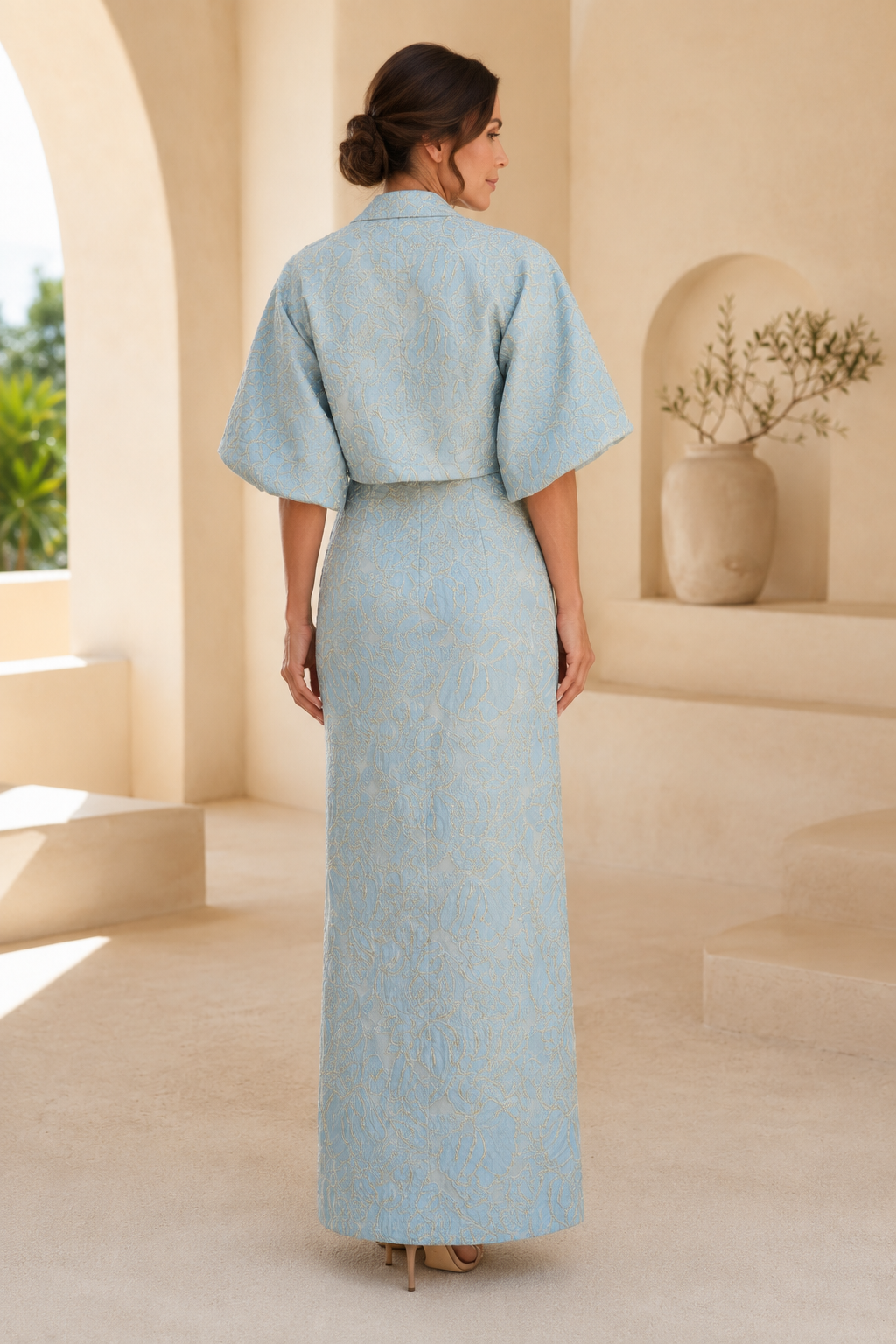Strapless Jacquard Column Gown and Jacket Set