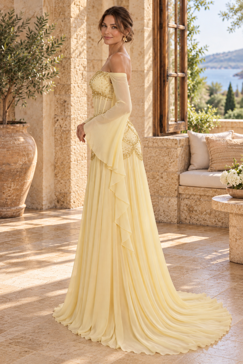 Off-Shoulder Beaded Corset Gown with Bell Sleeves