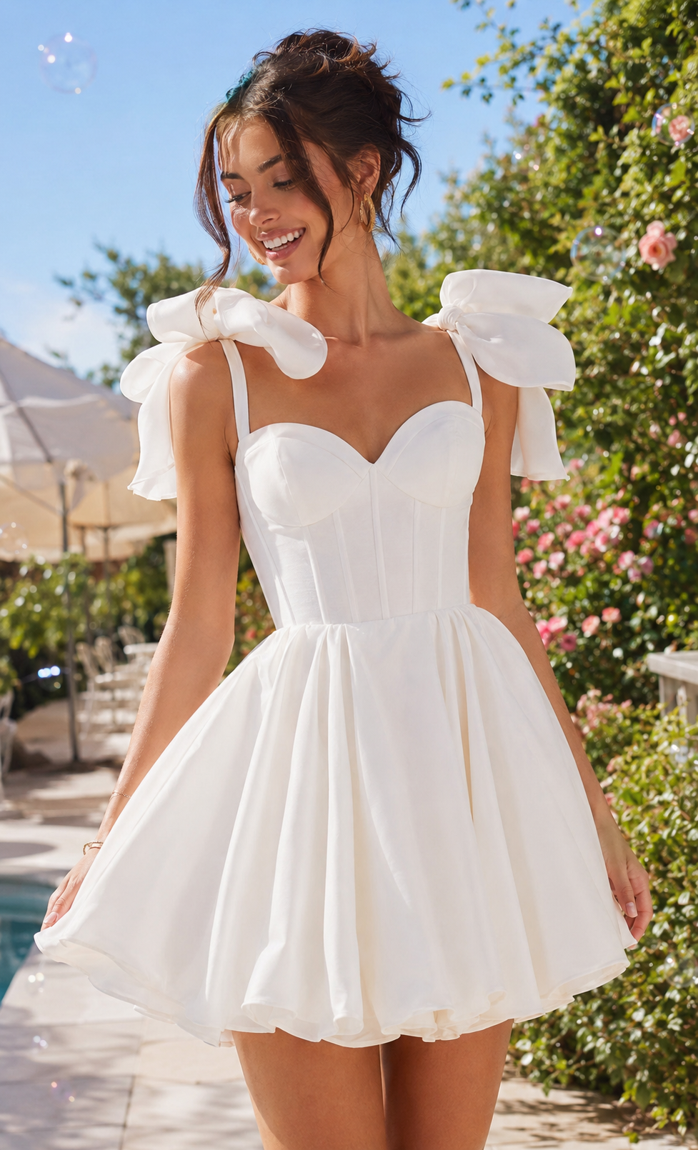 Sweetheart Corset Satin Mini Dress with Shoulder Bows