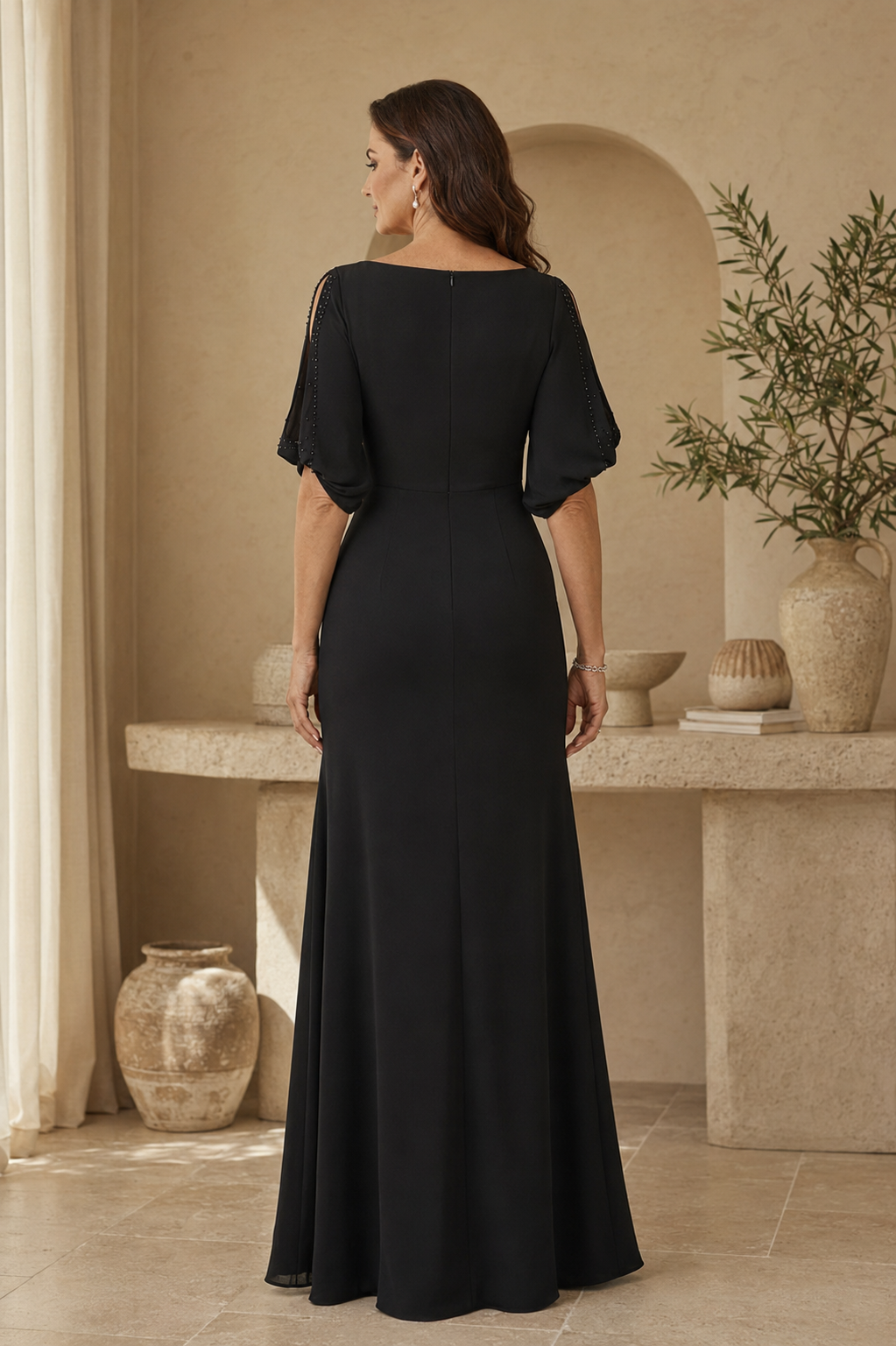 Beaded Bateau Evening Gown with Cold-Shoulder Sleeves