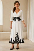 A-Line Midi Dress with Black Lace Appliqué Trim