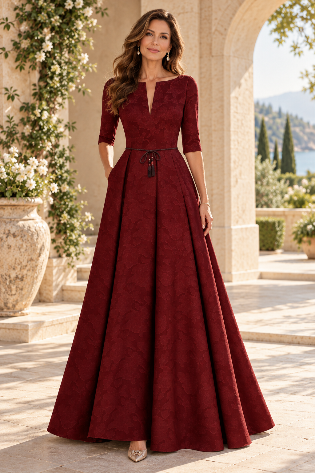 Jacquard A-Line Gown with Slit Neckline & 3/4 Sleeves