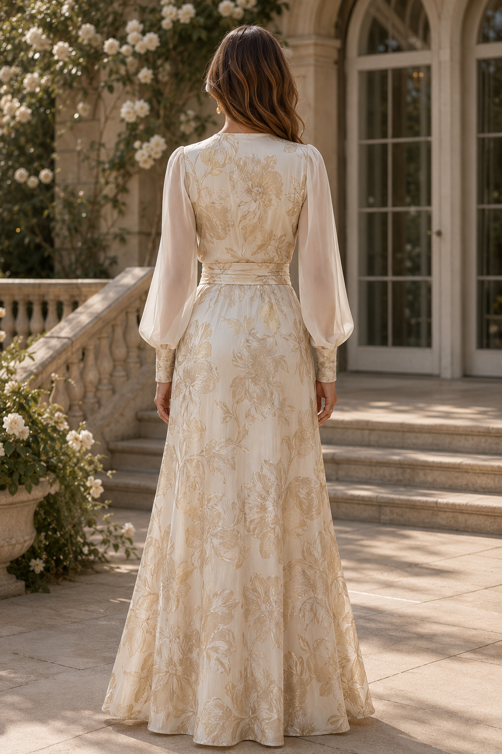 Floral Jacquard A-Line Gown with Chiffon Sleeves