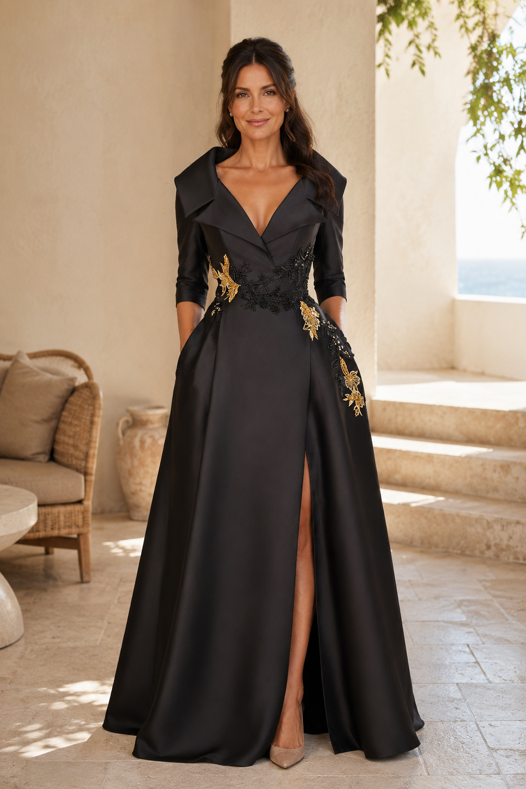 A-Line Satin Evening Gown with Portrait Collar & High Slit