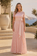 Lace Sash-Tie A-Line Evening Gown with Short Sleeves
