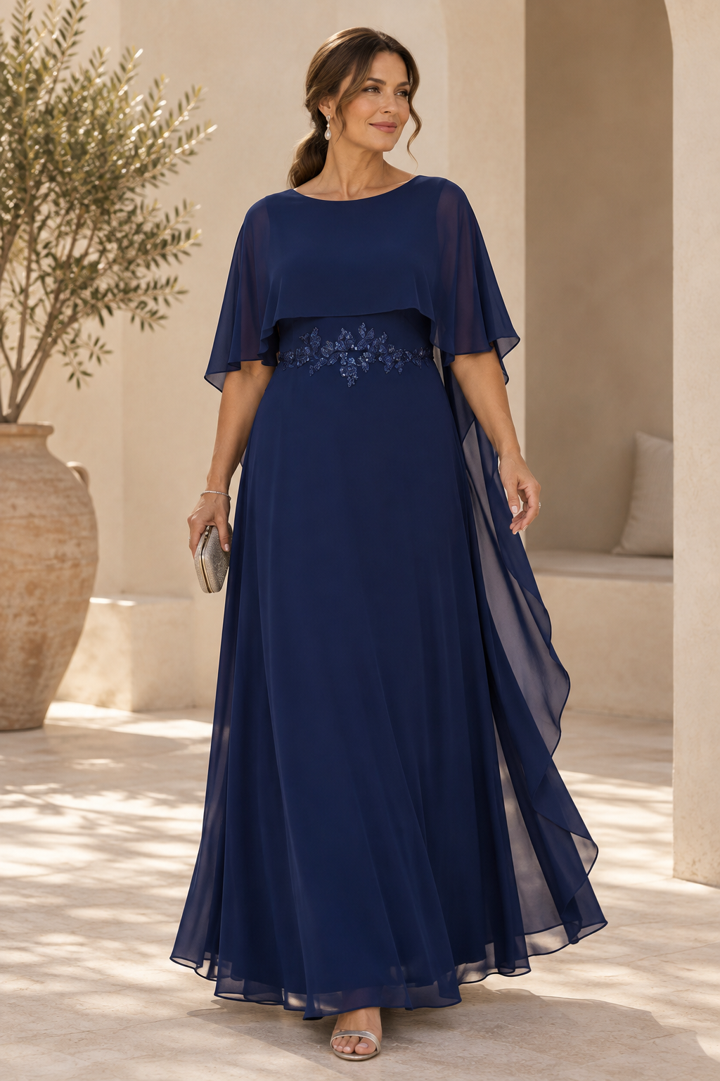 Chiffon Cape Sleeve Maxi Dress with Appliques