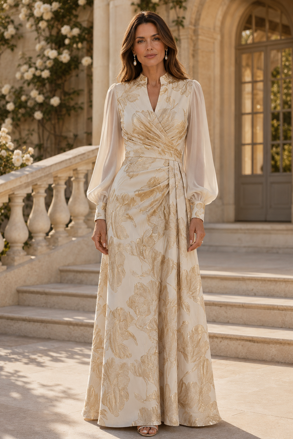 Floral Jacquard A-Line Gown with Chiffon Sleeves