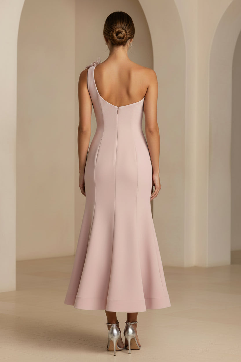One-Shoulder Crepe Trumpet Midi Dress with 3D Flower