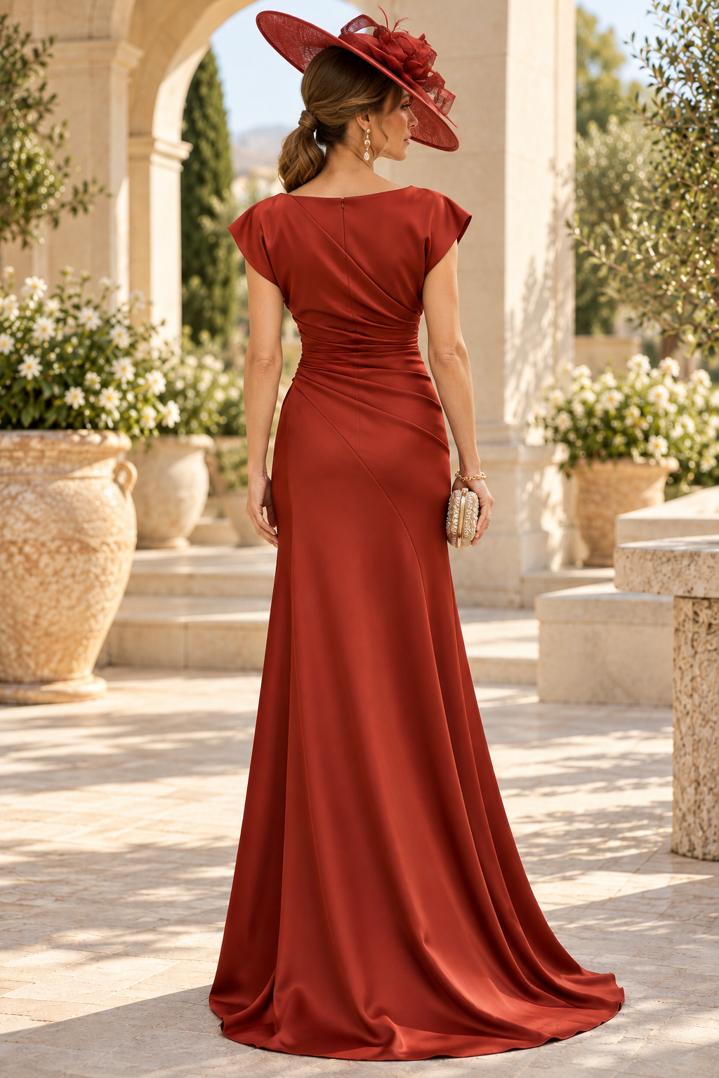 Ruched Satin Gown with Rosette and Cap Sleeves