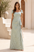 Floral Jacquard A-Line Evening Gown with Side Drape