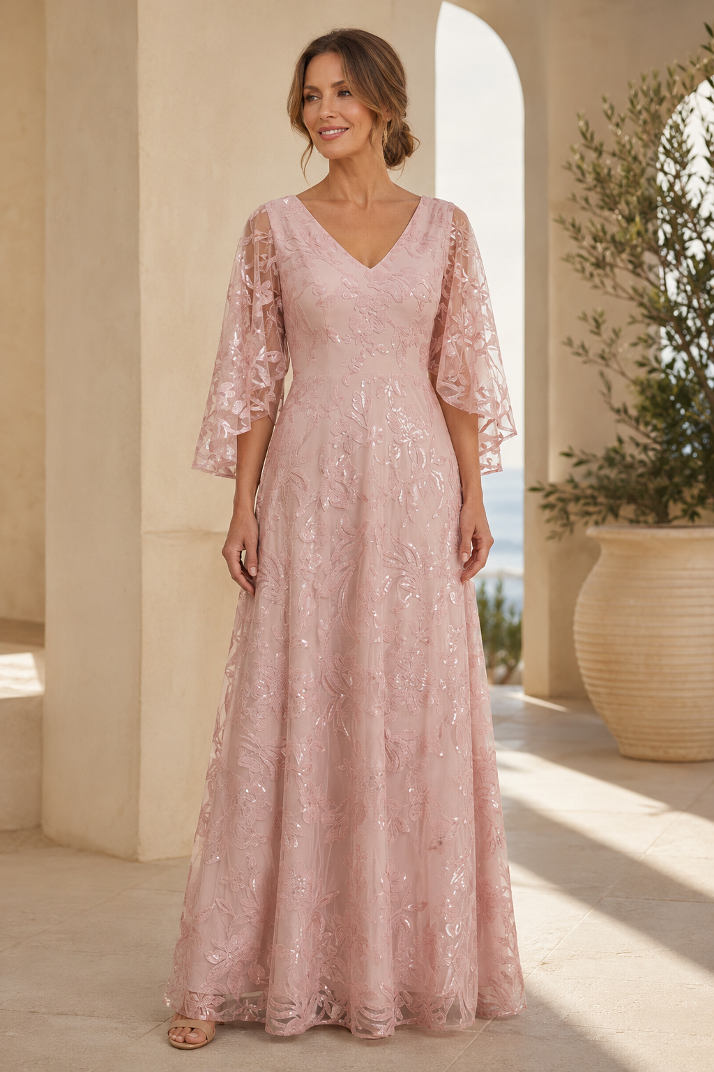 V-Neck Embroidered A-Line Gown with Flutter Sleeves