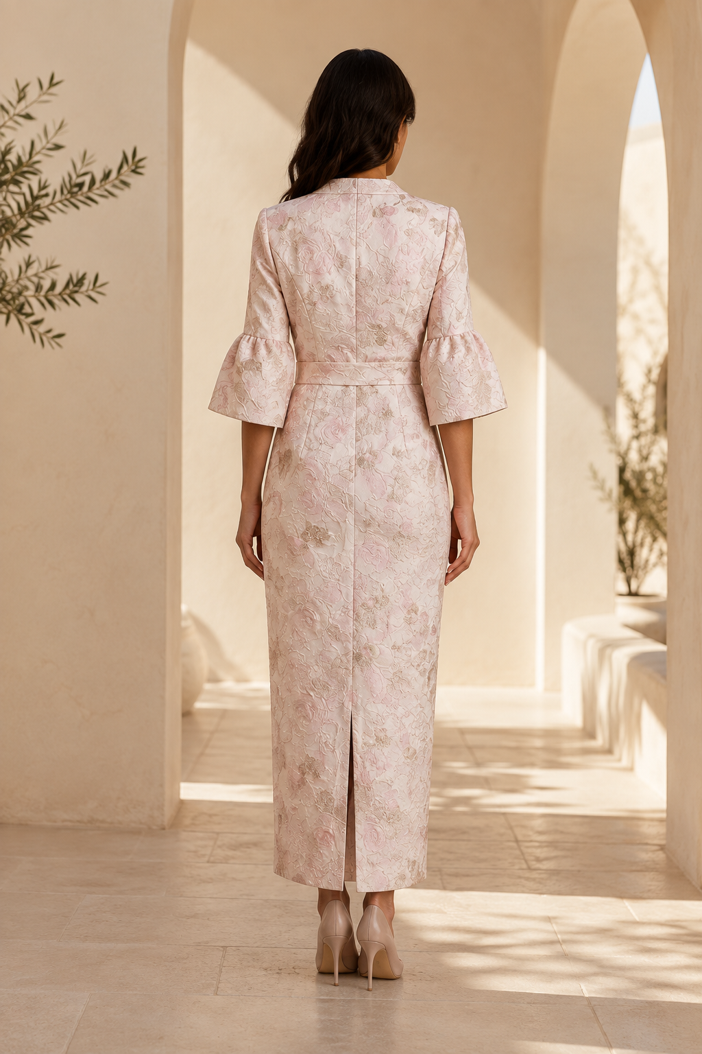 Floral Jacquard Blazer-Style Dress with Bell Sleeves