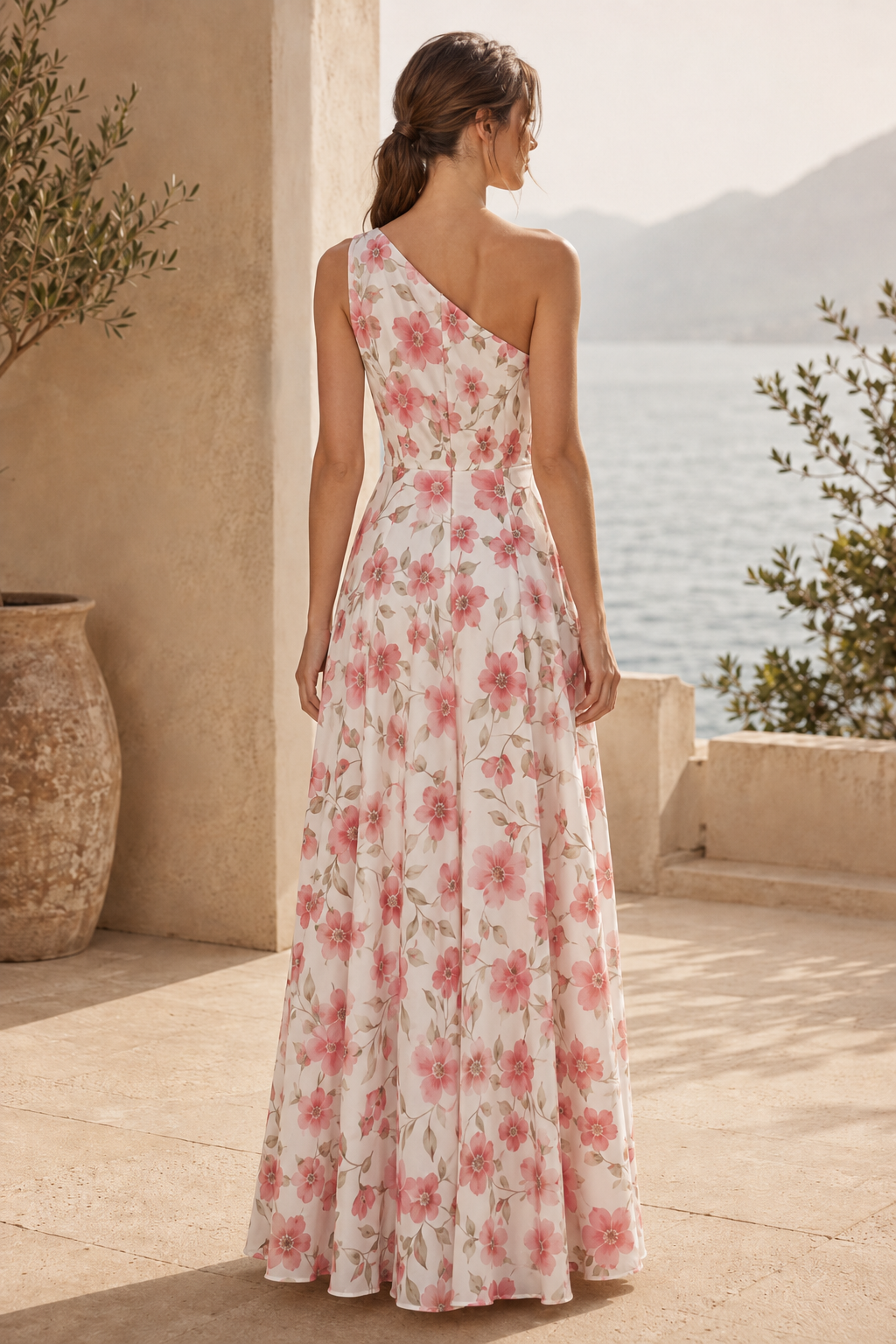 One-Shoulder Cascading Ruffle Floral Maxi Dress