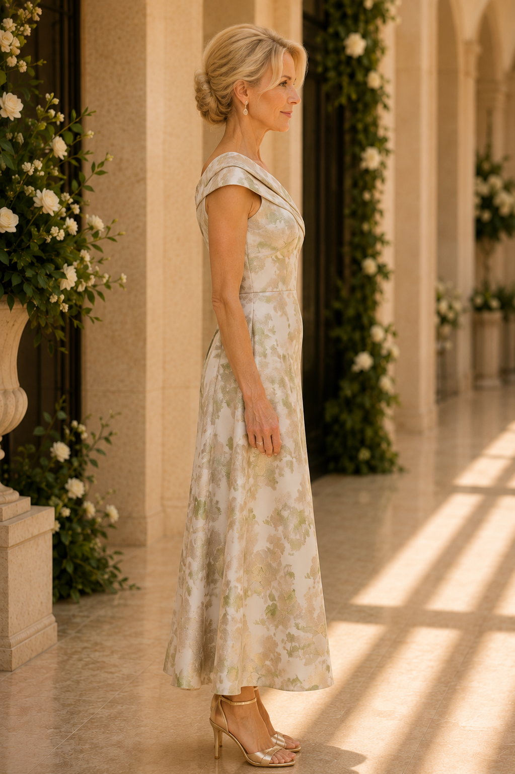 One-Shoulder Floral Jacquard Tea-Length Dress