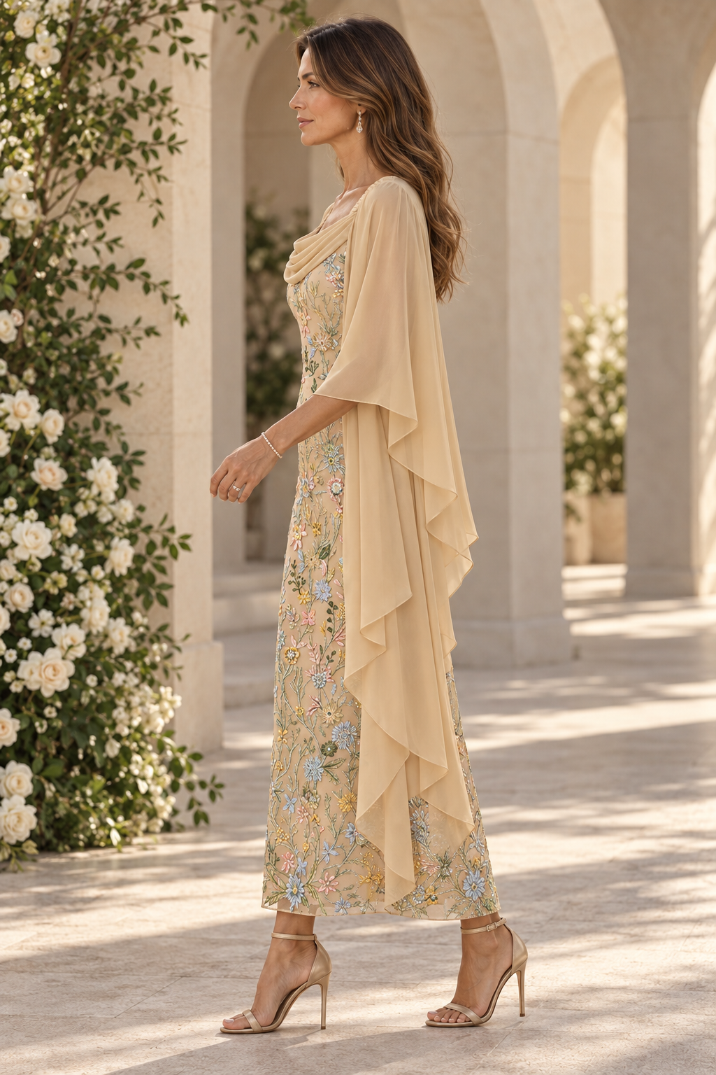 Embroidered Column Dress with Draped Cape