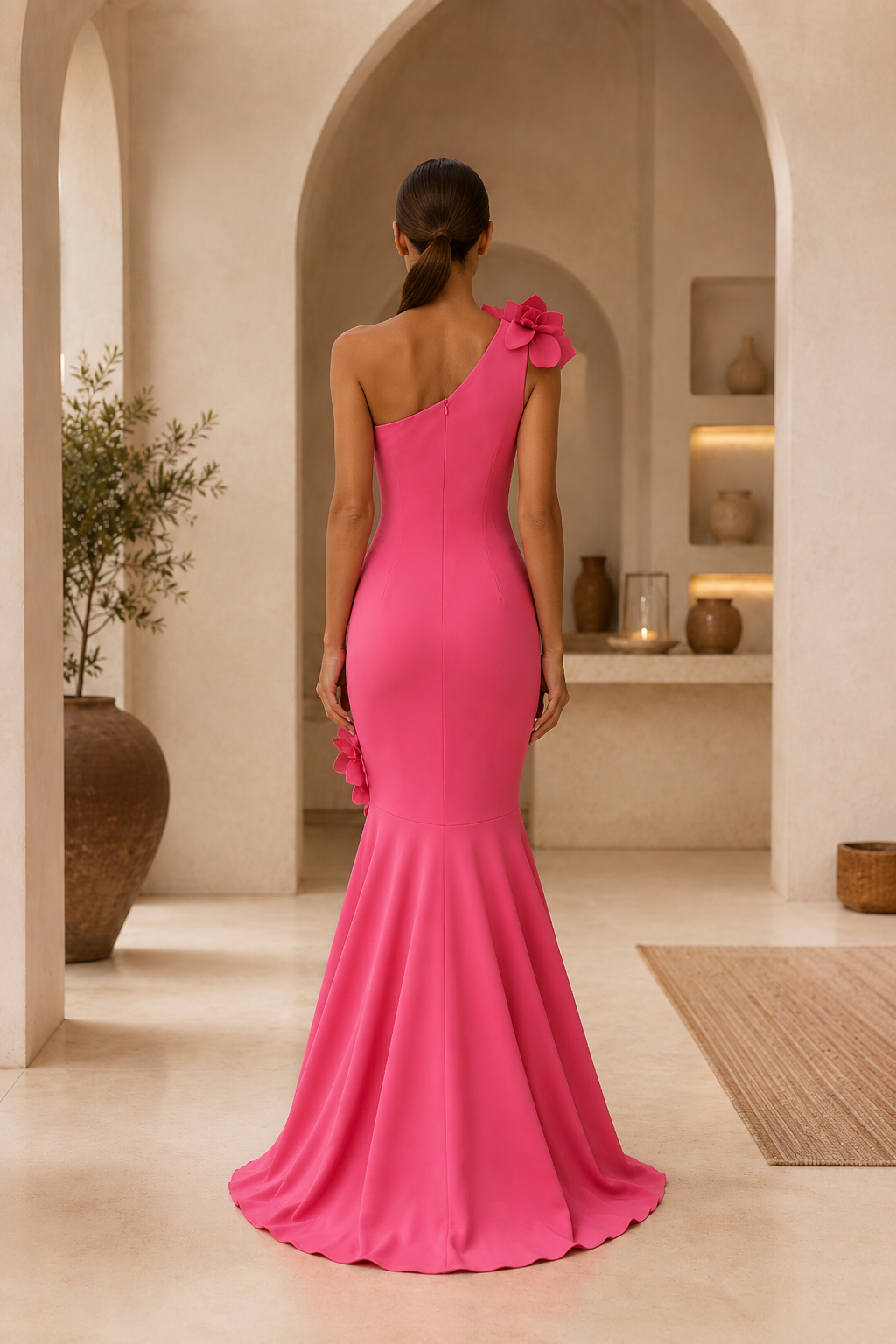 One-Shoulder Mermaid Gown with 3D Floral Appliques