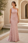 One-Shoulder Lace Column Evening Gown