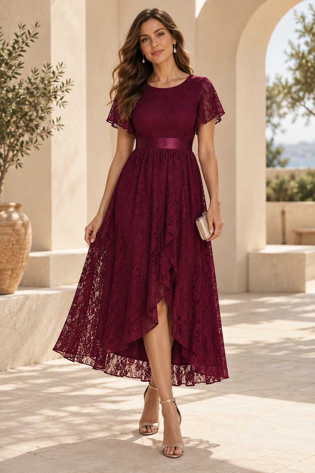 Lace High-Low Dress with Flutter Sleeves