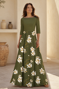 Floral Print Bateau Neck A-Line Evening Gown