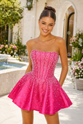 Pearl Beaded Strapless Corset Mini Dress