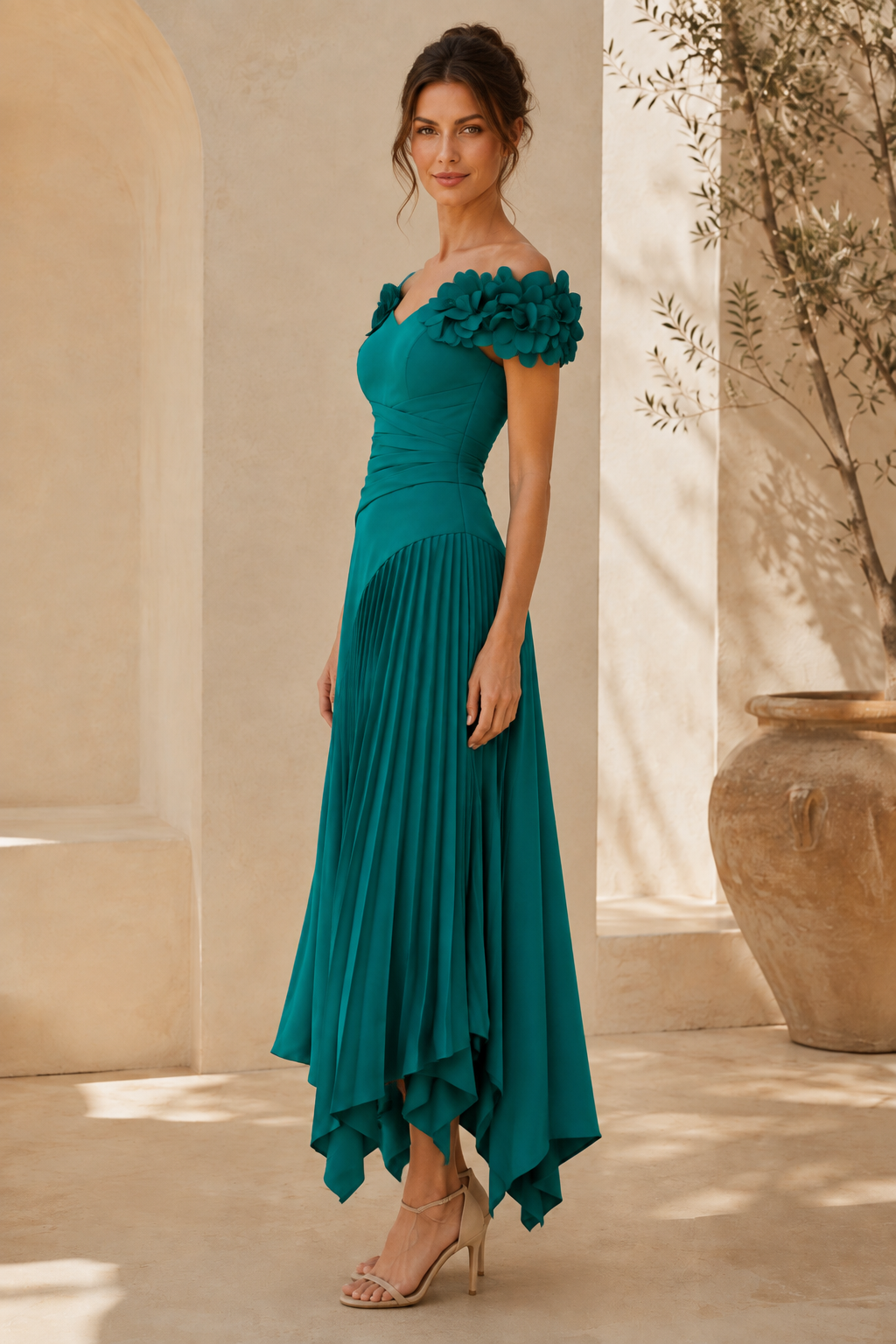 Floral Off-the-Shoulder Asymmetrical Pleated Midi Dress